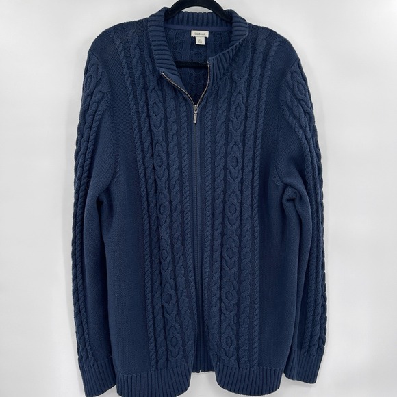 L. L. Bean Womens Double L Mixed Cable Knit Full Zip Sweater Size 2X Navy Preppy - Picture 1 of 7